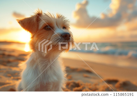 Happy dog enjoying a sunset on the beach 115865191