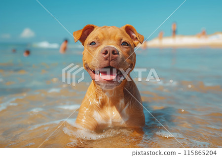 A pitbull relaxing on the beach during sunset 115865204
