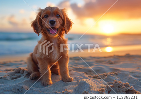 Happy dog at the beach in a sunny day on... - Stock Illustration ...