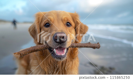 Happy dog jump playing at the beach 115865250
