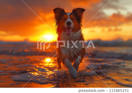 Happy dog enjoying a sunset on the beach Happy dog enjoying a sunset on the beach 115865251