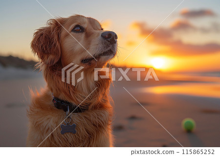 Happy golden retriever with sunglasses on the beach 115865252