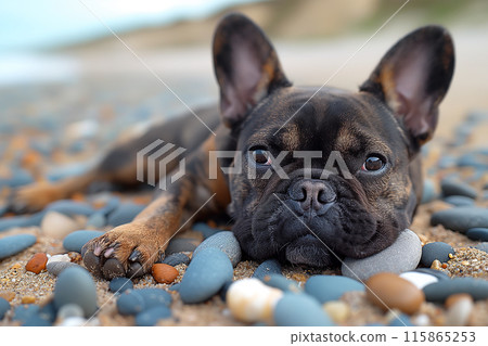 A French Bulldog relaxing on the beach during sunset 115865253