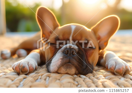 A french bulldog puppy sleeping outside, a dog relaxing on a sunny day at summer in holiday 115865257