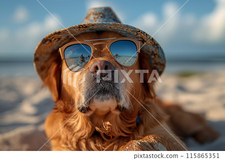 An happy and funny golden retriever dog with sunglasses an hat on the beach with sea in background on a sunny day. perfect holiday or summer vacation 115865351