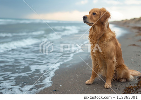 Happy golden retriever on the beach Happy golden retriever on the beach 115865391