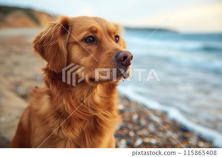 Happy golden retriever on the beach 115865408