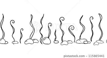 Horizontal Seabed Seamless Pattern horizontal Border. Seaweeds and Stones. Hand drawn simple line art. Nautical Vector illustration in Doodle style isolated on white background. 115865441