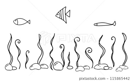 Horizontal Underwater Seabed, Marine Composition. Fishes, Seaweeds and Stones. Hand drawn simple line art. Nautical Vector illustration in Doodle style isolated on white background. 115865442