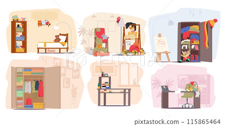 Six Different Children Rooms. Cartoon Vector Toy-filled Bedroom, Cozy Reading Nook, Art Corner With A Wardrobe 115865464