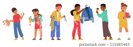 Group Of Children Tidying Up Their Room By Organizing Toys And Clothes. Kids Characters Engaged In Decluttering Group Of Children Tidying Up Their Room By Organizing Toys And Clothes. Kids Characters Engaged In Decluttering 115865465