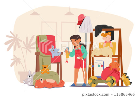 Children Cleaning A Messy Room Filled With Toys, Clothes, And Various Items. Kids Organizing And Tidying Up The Space 115865466