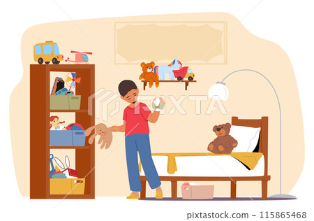 Young Child Cleaning A Messy Room And Organizing Toys On A Shelf, Promoting Organization And Cleanliness 115865468