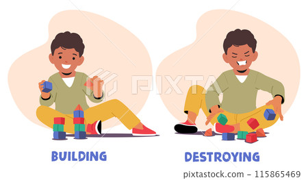 Two Kids Displaying Opposites By Building And Destroying Block Structures. One Child Is Happy Building Two Kids Displaying Opposites By Building And Destroying Block Structures. One Child Is Happy Building 115865469