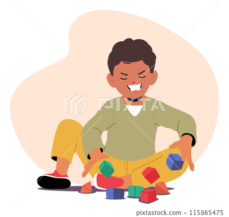 Young Boy Shows Frustration While Playing With Colorful Building Blocks. His Facial Expression And Scattered Toys 115865475