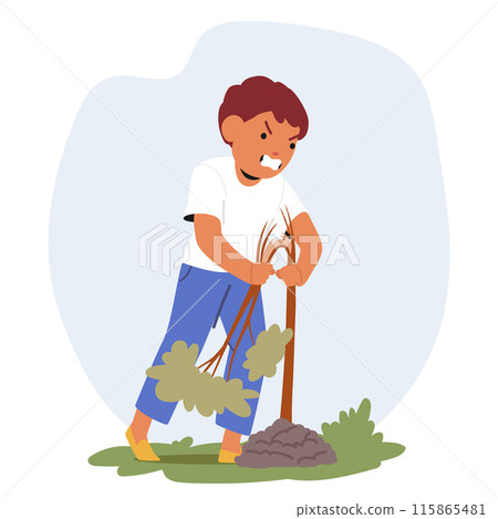 Angry Boy Pulling And Destroying A Plant In A Garden Area, Character Exhibits Frustration And Determination Angry Boy Pulling And Destroying A Plant In A Garden Area, Character Exhibits Frustration And Determination 115865481