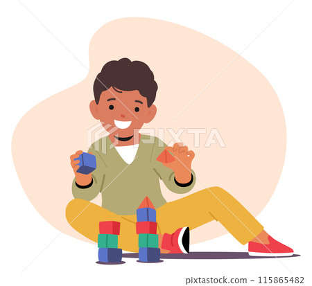 Cheerful Boy Sitting On The Floor And Playing With Colorful Building Blocks, Focusing On Creation And Play 115865482