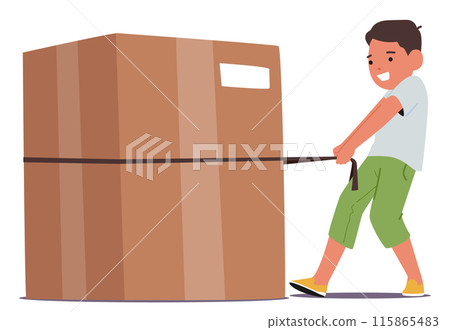 Young Boy Pulling A Large Cardboard Box Using A Strap. Child Character Appears To Be Smiling And Enjoying The Task Young Boy Pulling A Large Cardboard Box Using A Strap. Child Character Appears To Be Smiling And Enjoying The Task 115865483