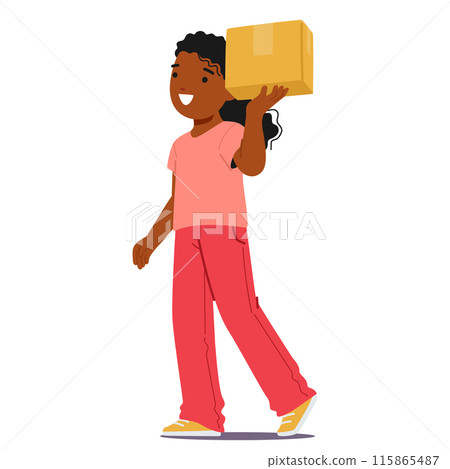 Cheerful Black Child Girl Character Walking And Carrying A Cardboard Box In Hand. Image Conveys Theme Of Happiness 115865487