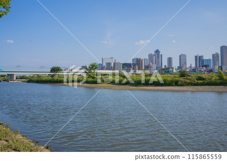 Riverside view of Japan's Tama River in Tokyo, overlooking the buildings of Musashi-Kosugi Riverside view of Japan's Tama River in Tokyo, overlooking the buildings of Musashi-Kosugi 115865559