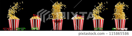 Set of paper striped buckets with popcorn isolated on black background Set of paper striped buckets with popcorn isolated on black background 115865586