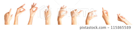 Set of woman hands showing different gestures, pointing and showing signs Set of woman hands showing different gestures, pointing and showing signs 115865589