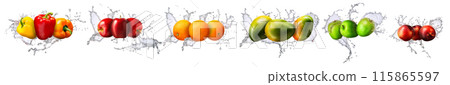Group of fruits with water splash isolated on white background 115865597