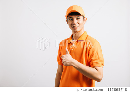 Portrait professional attractive delivery happy man standing he smile wearing orange t-shirt and cap uniform showing thumb up gesture looking to camera, studio shot isolated on white background Portrait professional attractive delivery happy man standing he smile wearing orange t-shirt and cap uniform showing thumb up gesture looking to camera, studio shot isolated on white background 115865748