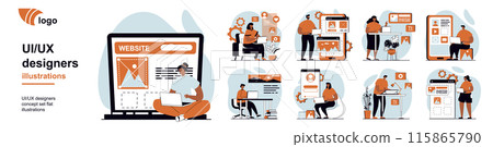 UI and UX designers concept with people scenes mega set in flat web design. Bundle of character situation with creating and coding wireframe layouts interfaces for mobile apps. Vector illustrations. UI and UX designers concept with people scenes mega set in flat web design. Bundle of character situation with creating and coding wireframe layouts interfaces for mobile apps. Vector illustrations. 115865790