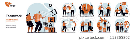 Teamwork concept with people scenes mega set in flat web design. Bundle of character situation with team working at project, brainstorming, targeting, achieve business goals. Vector illustrations. Teamwork concept with people scenes mega set in flat web design. Bundle of character situation with team working at project, brainstorming, targeting, achieve business goals. Vector illustrations. 115865802