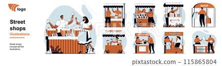 Street shops concept with people scenes mega set in flat web design. Bundle of character situation with small selling businesses of flowers, vegetables, fast food or coffee. Vector illustrations. 115865804