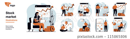 Stock market concept with people scenes mega set in flat web design. Bundle of character situation with monitoring financial data, buy or sell with success investment strategy. Vector illustrations. 115865806