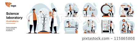 Science laboratory concept with people scenes mega set in flat web design. Bundle of character situation with scientific research, chemical tests, experiment discoveries in lab. Vector illustrations. Science laboratory concept with people scenes mega set in flat web design. Bundle of character situation with scientific research, chemical tests, experiment discoveries in lab. Vector illustrations. 115865808