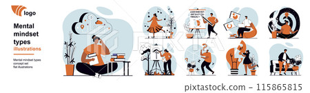 Mental mindset types concept with people scenes mega set in flat web design. Collection of scenes people with logical, creative, abstract, analytical and other intelligence. Vector illustrations. 115865815