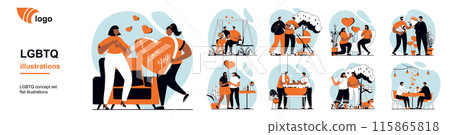 LGBTQ couples concept with people scenes mega set in flat web design. Bundle of character situation with lgbt partners on romantic date, propose, adopt and raise kids together. Vector illustrations. 115865818