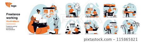Freelance working concept with people scenes mega set in flat web design. Bundle of character situation with remote workers doing tasks online from home offices and locations. Vector illustrations. 115865821