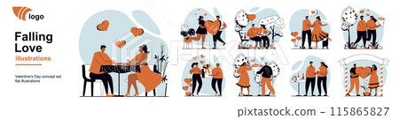 Falling love concept with people scenes mega set in flat web design. Bundle of character situation with dating at restaurant or park, gifting bouquet and heart, couple match. Vector illustrations. 115865827