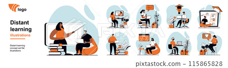 Distant learning concept with people scenes mega set in flat web design. Bundle of character situation with online study, watching webinars, take video lessons and courses. Vector illustrations. 115865828