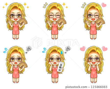 Rich blonde hostess chibi character illustration set 3 115866083