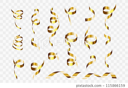 Gold confetti. Serpentine spiral ribbons. Golden luxury party decor. 115866159