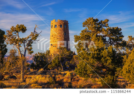 Desert View Watchtower at Grand Canyon South Rim during sunset in Arizona, USA Desert View Watchtower at Grand Canyon South Rim during sunset in Arizona, USA 115866244