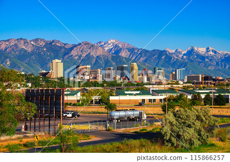 Skyline of Salt Lake City downtown in Utah with Wasatch Range Mountains 115866257