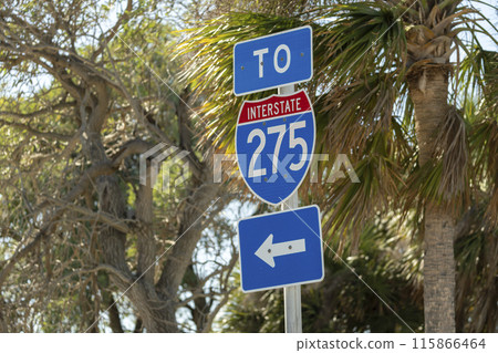 Blue direstional road sign indicating direction to I-275 freeway interstate highway serving the Tampa Bay area in Florida Blue direstional road sign indicating direction to I-275 freeway interstate highway serving the Tampa Bay area in Florida 115866464