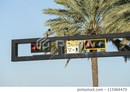 Overhead traffic lights high above street in Miami, Florida 115866470