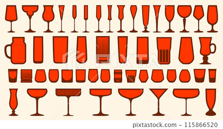 Set of drink glass icons. Vector silhouette illustrations, editable stroke, flat design 115866520