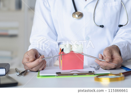 The doctor shows his teeth and gums during the consultation. The doctor shows his teeth and gums during the consultation. 115866661