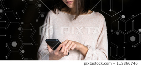Girl uses monile phone with added symbols on the background. 115866746