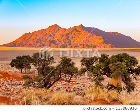 Warm sunlight bathes the rugged peaks of Namib-Naukluft Mountains at sunset, highlighting the striking contrast with the arid savannah below. Warm sunlight bathes the rugged peaks of Namib-Naukluft Mountains at sunset, highlighting the striking contrast with the arid savannah below. 115866930