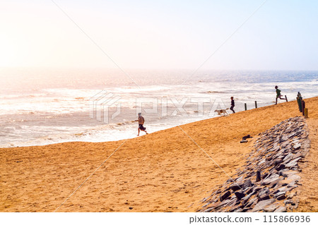 A peaceful moment with running people and dog enjoying a golden sunset on a sandy beach, featuring gentle waves and a clear horizon. A peaceful moment with running people and dog enjoying a golden sunset on a sandy beach, featuring gentle waves and a clear horizon. 115866936