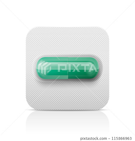 Vector Realistic Green Pharmaceutical Medical Pill, Vitamins, Capsule in Blister Closeup Isolated. Pill in Blister Packaging Design Template. Front View. Medicine, Health Concept 115866963